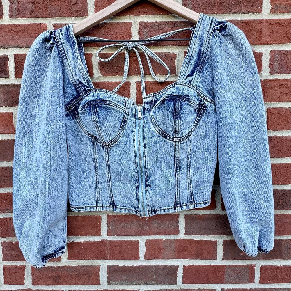 Venus Cropped Denim Top Puff Sleeves 90s Y2K Revival Corset Bustier Bodice Sz 8